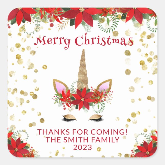 Adesivo Quadrado Natal Poinsettia Unicorn com Favoritos para festas (Frente)
