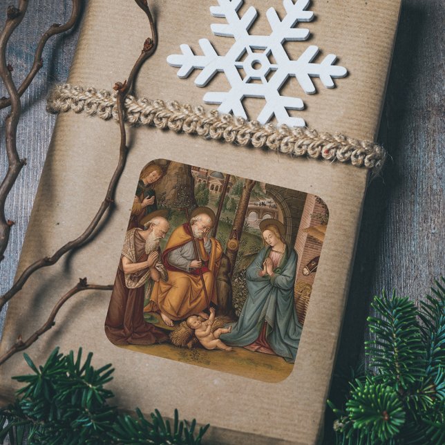 Adesivo Quadrado Natal religioso Cristo (Vintage Nativity Scene of Jesus Christ Religious Christian Catholic Christmas Square Gift Sticker)
