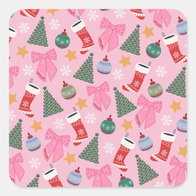 Adesivo Quadrado Natal Rosa Fofo (Frente)