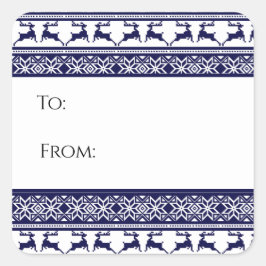 Adesivo Quadrado Natal, Scandinávia Folk Blue & White Gift Tag