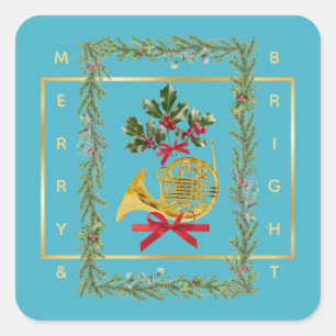 Adesivo Quadrado Natal Turquesa de Trompa Francesa Elegante
