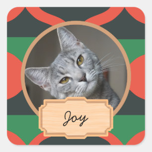 Adesivo Quadrado Natal verde e vermelho Foto do gato personalizado