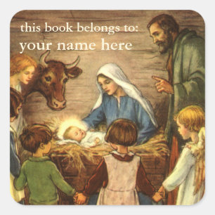 Adesivo Quadrado Natal vintage, bebê religioso Jesus de w da