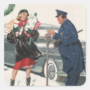 Adesivo Quadrado Natal vintage, comprando o polícia dos presentes