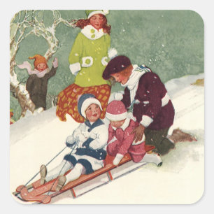 Adesivo Quadrado Natal vintage, crianças que Sledding na neve