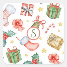 Adesivo Quadrado Natal Vintage Monograma de Aquarela