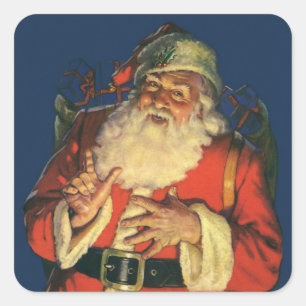 Adesivo Quadrado Natal vintage, Papai Noel alegre com brinquedos