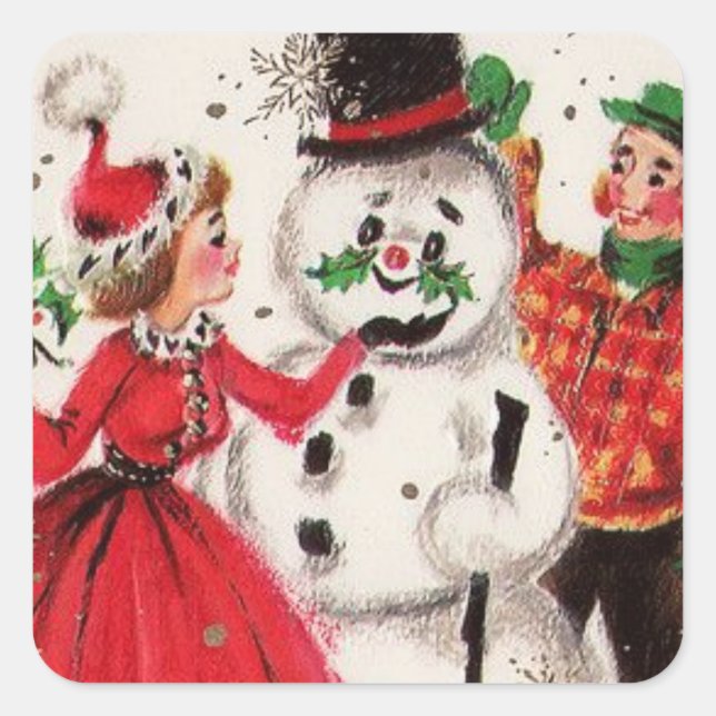 Adesivo Quadrado Natal vintage Snowman Com Família (Frente)