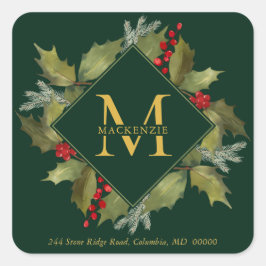 Adesivo Quadrado Natal Watercolor Grande Monograma Holly Wreath