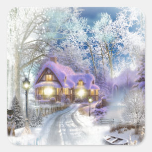 Adesivo Quadrado Natal Winter Wonderland Cottage Holiday