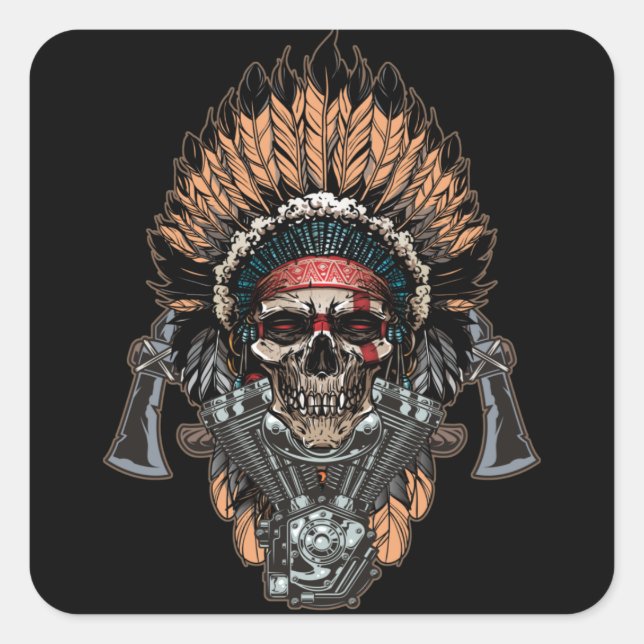 Adesivo Quadrado Native American Indian Chief Skull Motorcycle (Frente)