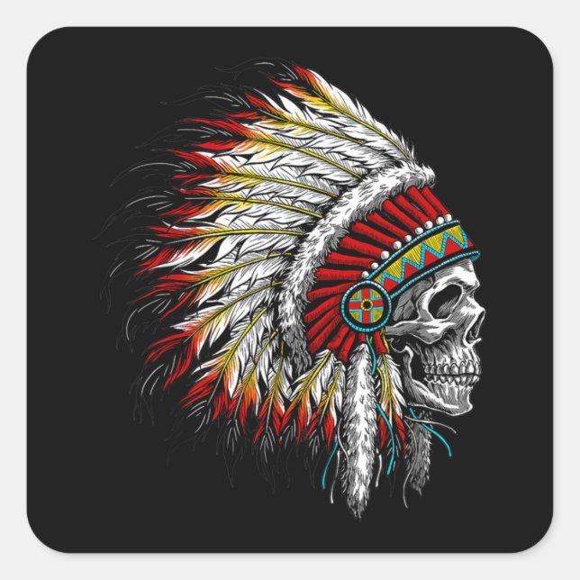 Adesivo Quadrado Native American Indian Chief Skull Motorcycle (Frente)