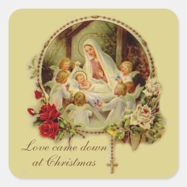 Adesivo Quadrado Natividade Abençoada Mãe Bebê Jesus Rosas Rosados (Frente)