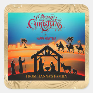 Adesivo Quadrado Natividade Dourada Personalizada "Feliz Natal"