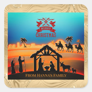 Adesivo Quadrado Natividade Dourada Personalizada "Feliz Natal"
