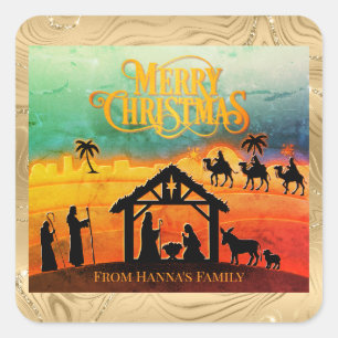 Adesivo Quadrado Natividade Dourada Personalizada "Feliz Natal"