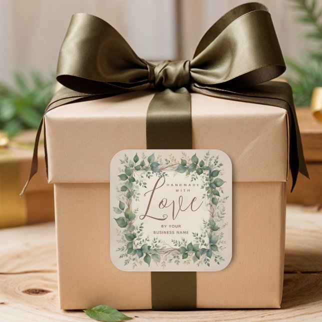 Adesivo Quadrado Natural Creative Branches & Leaves for Artisan (Natural Rustic Soft Brown Creative Branches & Leaves Handmade with Love Quote Square Stickers.)