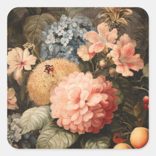 Adesivo Quadrado Natureza-Morta Floral Vintage com Florada Vermelha