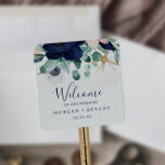 Adesivo Quadrado Náutico Moderno | Boas-vindas a Floral<br><div class="desc">Estes adesivos florais modernos são perfeitos para um casamento de cruzeiro ou praia. O design branco apresenta flores cor-de-água, cor-de-rosa-claro e marinho, cor-de-rosa-claro, com sotaques dourados, dando-lhe uma vibração da praia. Personalize esses adesivos com a localização do seu casamento, nomes e data do casamento. Essas etiquetas são perfeitas para casamentos...</div>