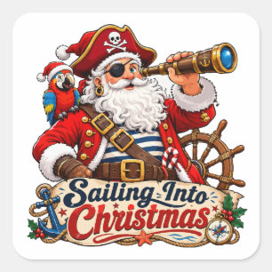 Adesivo Quadrado Navegando no Natal Pirata Papai Noel