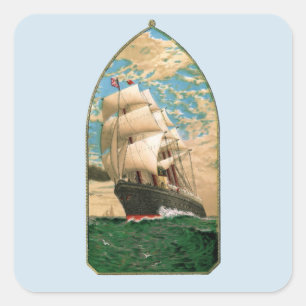 Adesivo Quadrado Navio de navigação do vintage com bandeira