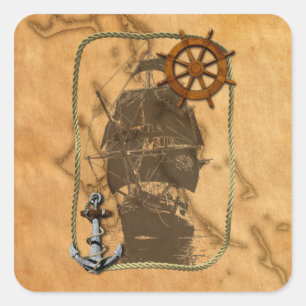 Adesivo Quadrado Navio e mapa náuticos do vintage
