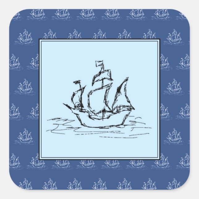Adesivo Quadrado Navio pirata no padrão de navio, azul. (Frente)