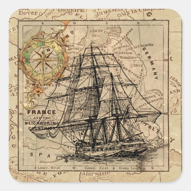 Adesivo Quadrado Navio Vintage e velho mapa europeu (Frente)