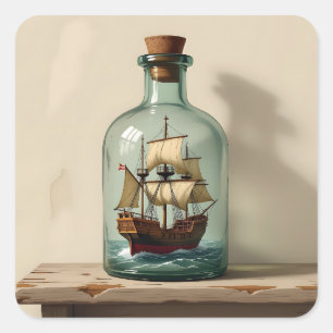Adesivo Quadrado Navio Vintage numa Garrafa Antica