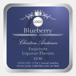Adesivo Quadrado Navy Blue Product Label Silver Frame Logo Monogram