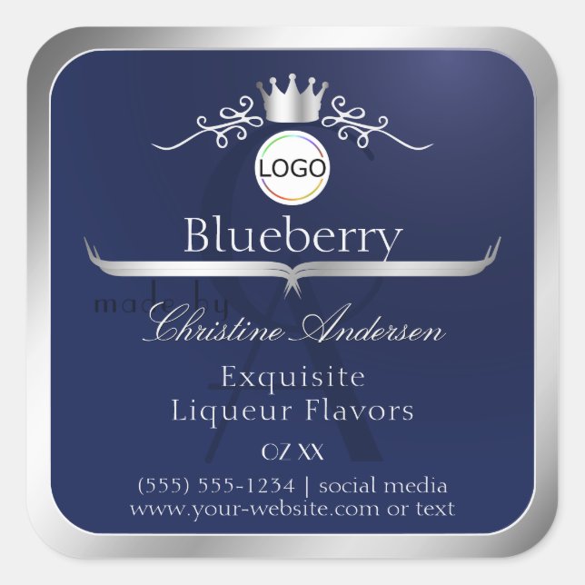 Adesivo Quadrado Navy Blue Product Label Silver Frame Logo Monogram (Frente)