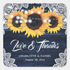 Adesivo Quadrado Navy Blue Wood Lace Sunflower Wedding Thank You