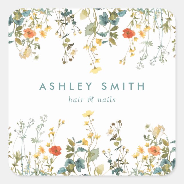 Adesivo Quadrado Negócios de Campo de Flor Selvagem Elegante (Frente)