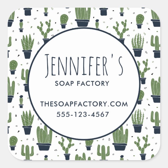 Adesivo Quadrado Negócios do padrão do deserto do Cactus verde-escu (Frente)