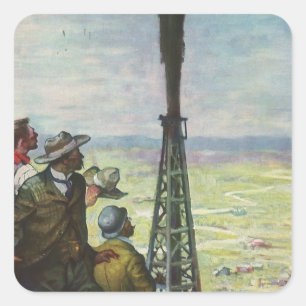 Adesivo Quadrado Negócios Vintage, Poço de Petróleo Jorrando com Tr
