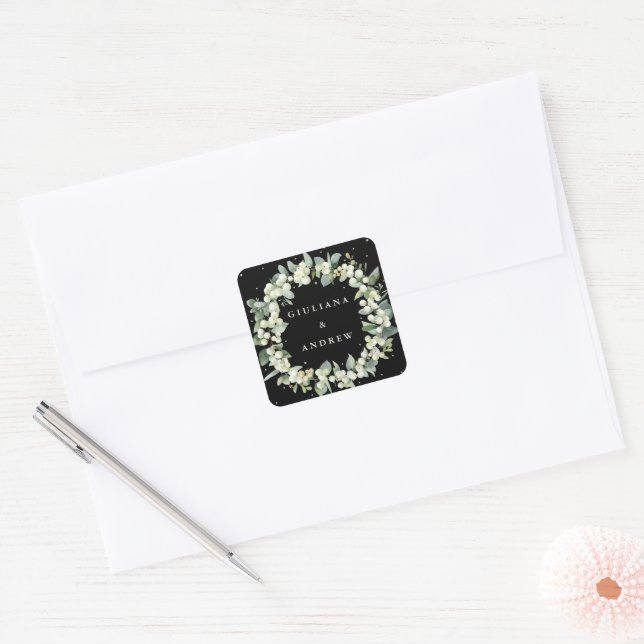 Adesivo Quadrado Negra Elegante Snowberry+Eucalyptus Wreath Casamen (Envelope)