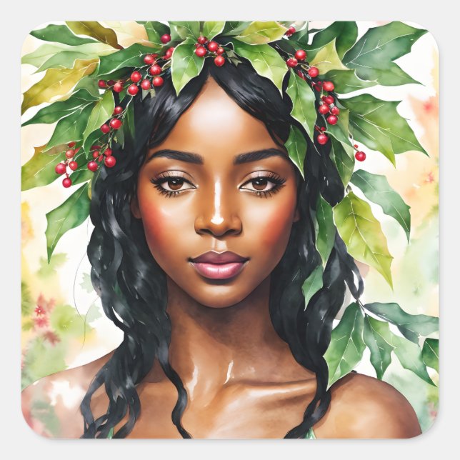 Adesivo Quadrado Negra Natal Holly Watercolor Art (Frente)