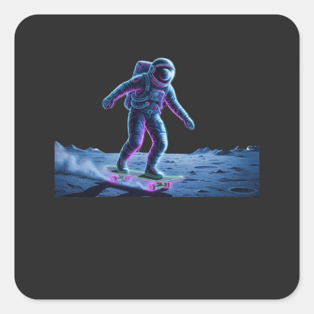 Adesivo Quadrado Neon Astronaut Skateboarding on the Moon (Frente)