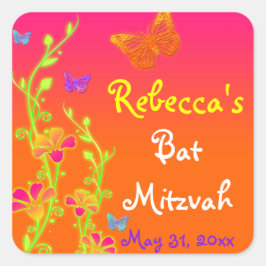 Adesivo Quadrado Neon Butterflies e Flowers Bat Mitzvah Sticker