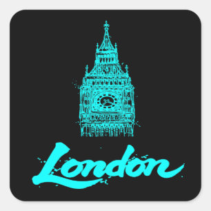 Adesivo Quadrado Neon Ciano Esboço Moderno do Big Ben Londres Preto