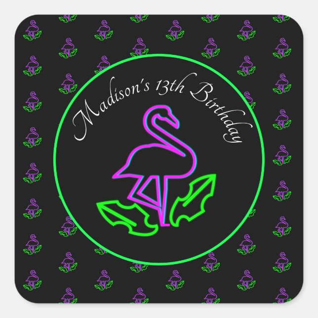 Adesivo Quadrado Neon Flamingo Glow Party Tropical Pink Favor (Frente)