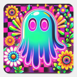Adesivo Quadrado Neon Floral Retro Ghost Halloween