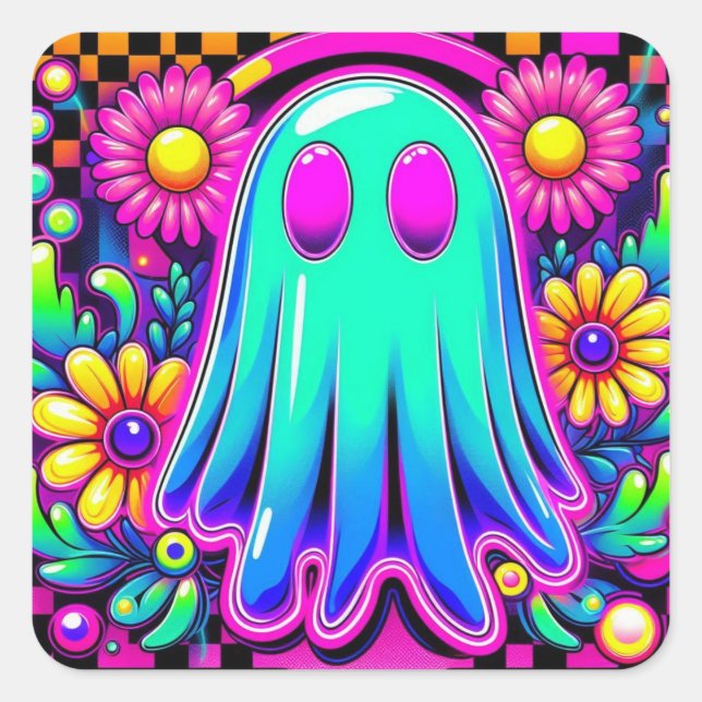 Adesivo Quadrado Neon Floral Retro Ghost Halloween (Frente)