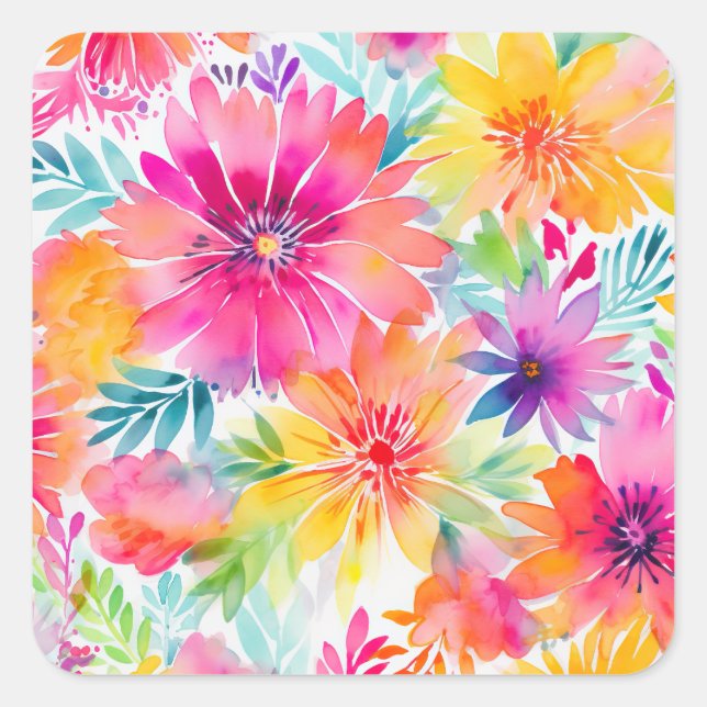 Adesivo Quadrado Neon Floral Watercolor Party (Frente)