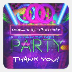 Adesivo Quadrado Neon Glow Club PARTITY Birthday Favor Stickers