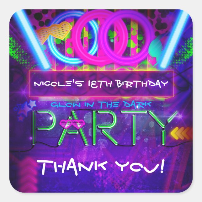 Adesivo Quadrado Neon Glow Club PARTITY Birthday Favor Stickers (Frente)