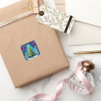 Adesivo Quadrado Neon Glow Pine Tree with Star in Dreamy Snowy Fore