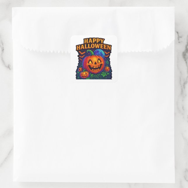 Adesivo Quadrado Neon Glow Pumpkin "Happy Halloween" (Bolsa)