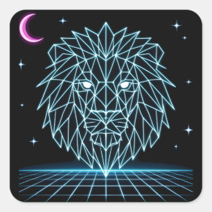 Adesivo Quadrado Neon Lion Synthwave - Rei Predador Retro
