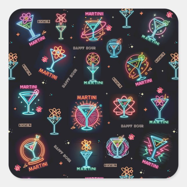 Adesivo Quadrado Neon Sign Space Age Atomic Martini Cocktails Impre (Frente)